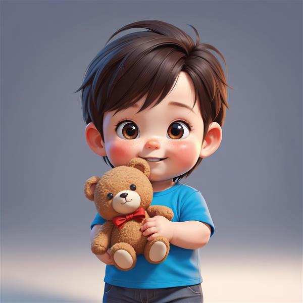 تصویر با کیفیت عالی پسر کارتونی با تی‌شرت آبی، در حال در آغوش کشیدن خرس تدی پاپیون‌دار