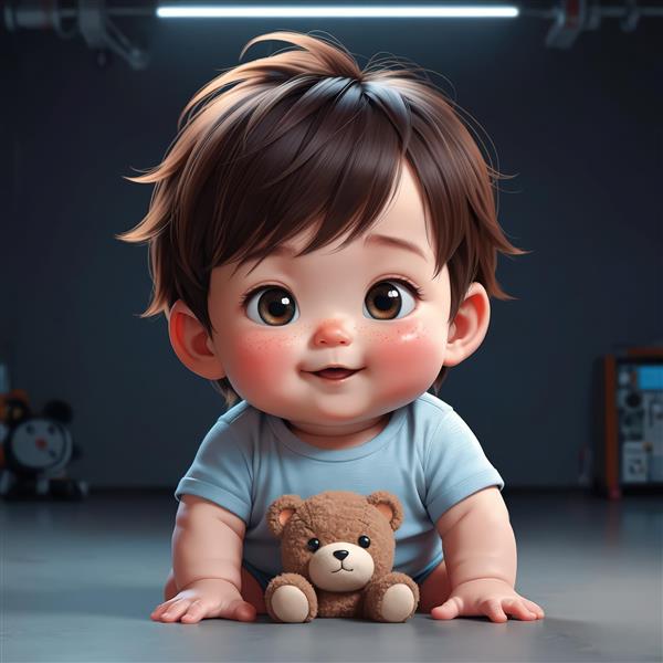 عکس باکیفیت بالا از نوزاد پسر کارتونی در حال چهاردست‌وپا رفتن، با خرس تدی کوچک، مناسب تابلو اتاق نوزاد