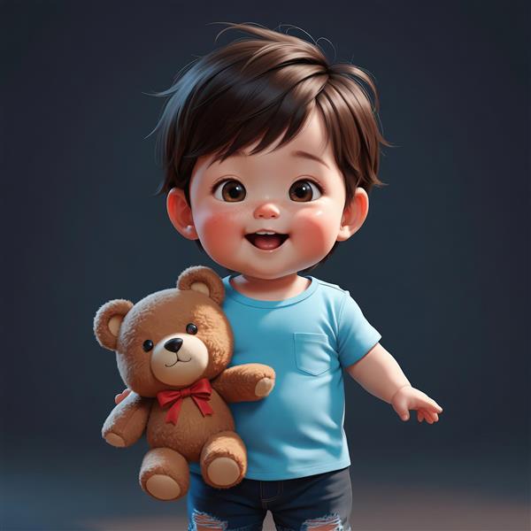 تصویر اورجینال پسر کارتونی خندان با تی‌شرت آبی و شلوارک پاره، در حال نگه‌داشتن خرس عروسکی، مناسب چاپ