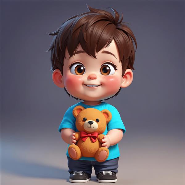 عکس استوک پسرک کارتونی خندان با خرس عروسکی پاپیون دار، با زمینه تیره، ایده آل برای چاپ تابلو مدرن