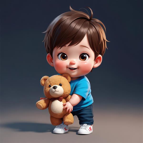 تصویر اورجینال پسر کارتونی بامزه در حال بغل کردن خرس عروسکی، مناسب چاپ وکتور و پوستر دیواری