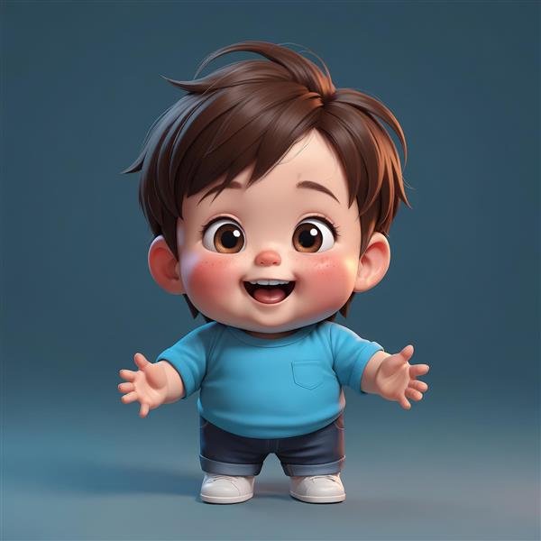عکس باکیفیت پسرک کارتونی شاد با تی‌شرت آبی، ژست استقبال و آغوش باز، مناسب پوستر مهدکودک