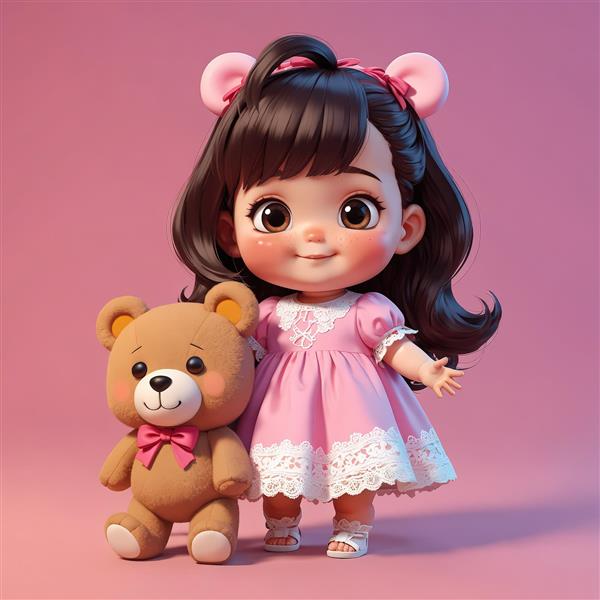 تصویر دکوراتیو دختر کارتونی با لباس صورتی و گوش‌های خرسی، در کنار خرس تدی بزرگ برای طراحی اتاق