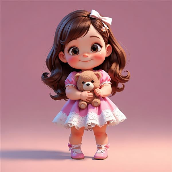 تصویر با کیفیت فوق العاده دختر کارتونی با پیراهن چین‌دار و پاپیون، در حال نگه‌داشتن خرس کوچک