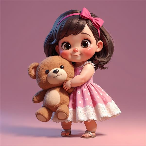 عکس استوک دکوراتیو دختر کارتونی با پیراهن صورتی خالدار و خرس تدی بزرگ، مناسب تولید تابلو و دکوراسیون