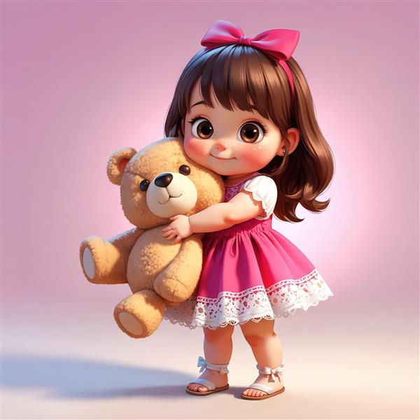 عکس باکیفیت بالا از دختر کارتونی خندان با پیراهن سرخابی و پاپیون بزرگ، در آغوش گرفتن خرس عروسکی