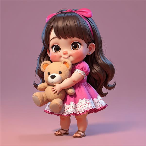 تصویر اورجینال دخترک کارتونی شاد با موهای مواج و لباس صورتی و سفید، در حال بغل کردن خرس عروسکی