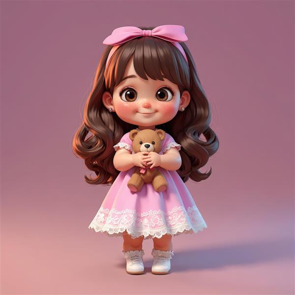 عکس استوک دختر کوچک کارتونی با لباس پرنسسی صورتی و پاپیون بزرگ، در حال در آغوش گرفتن خرس تدی