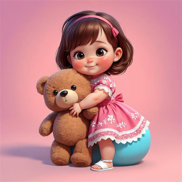 تصویر با کیفیت بالا دختر کارتونی بامزه در لباس صورتی با خرس عروسکی، مناسب پوستر دکوراتیو اتاق کودک
