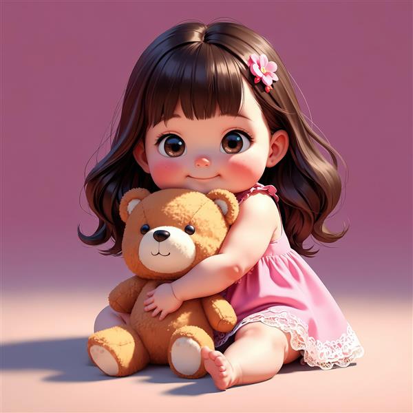 تصویرسازی فانتزی دختر نشسته در آغوش خرس عروسکی
