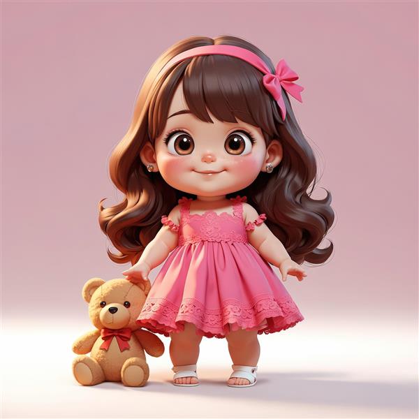 عکس دختر بچه ناز ایستاده کنار خرس عروسکی