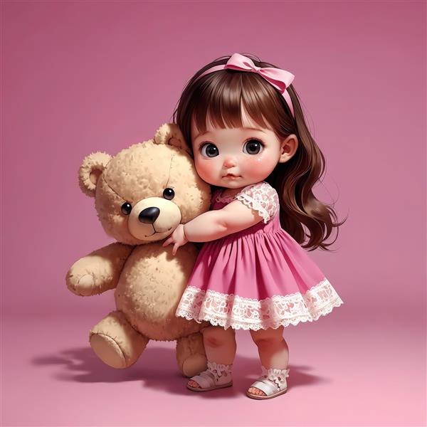 دانلود عکس دختر کارتونی با عروسک خرس و پاپیون صورتی