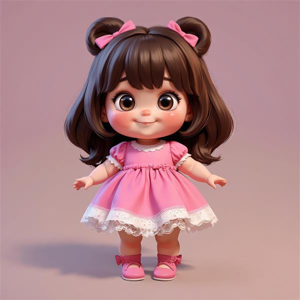 طرح کاراکتر دختر بامزه با لباس صورتی و موهای بسته