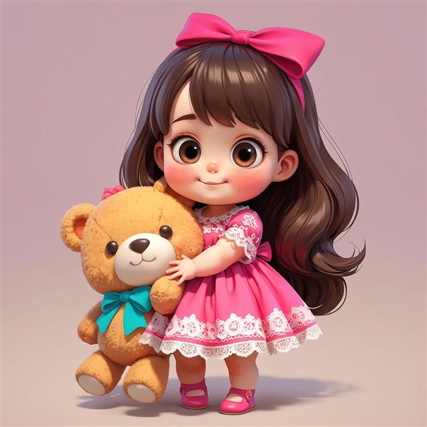 عکس دختر عروسکی با پاپیون صورتی و خرس تدی