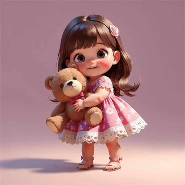 تصویرسازی دختر بچه فانتزی با لباس صورتی و عروسک خرسی