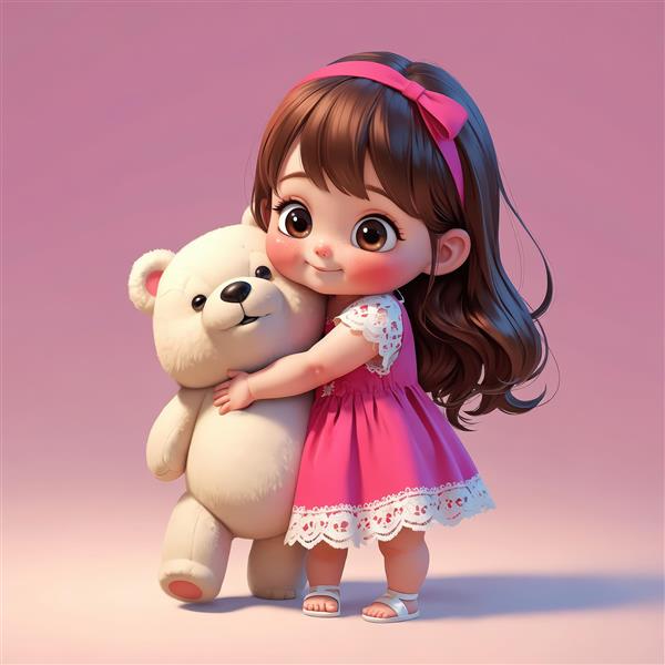 تصویر کارتونی کودک دختر با پیراهن صورتی در حال در آغوش گرفتن خرس تدی سفید بزرگ، طرح محبت آمیز
