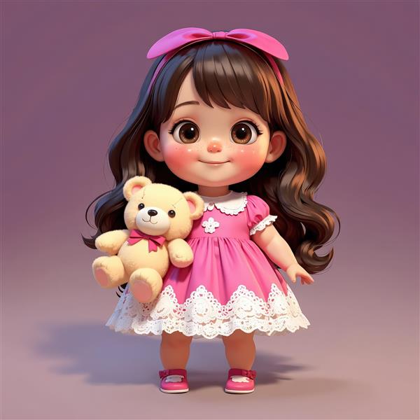 طرح گرافیکی دختر بچه ایستاده با خرس تدی کوچک در آغوش، با پیراهن یقه دار و پاپیون روی سر
