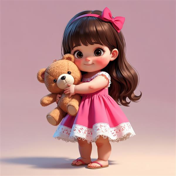 تصویر انیمیشنی دختر کودک در حال قدم زدن با خرس تدی در آغوش، مناسب طراحی کارت تبریک و پوستر