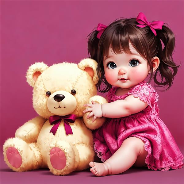 تصویر کودک نوزاد با موهای دم اسبی و پیراهن براق صورتی در کنار خرس تدی کرم رنگ بزرگ، پرتره نوزادی