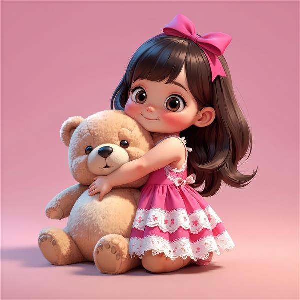 تصویر سه‌بعدی دختر بچه با پیراهن چین‌دار و پاپیون بزرگ در حال در آغوش کشیدن خرس تدی نشسته، تم عاشقانه