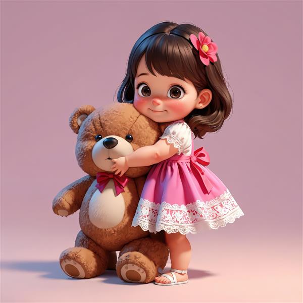 تصویر گرافیکی کودک در حال در آغوش گرفتن خرس تدی پشمی بزرگ با پاپیون قرمز، مناسب چاپ با کیفیت بالا