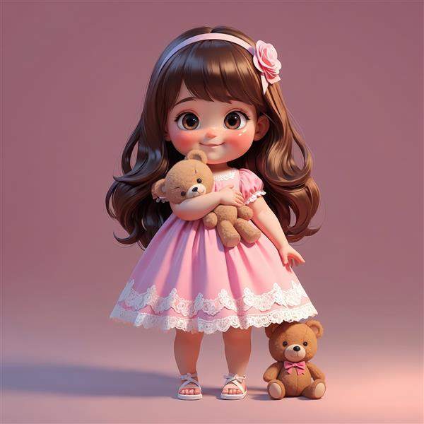 طرح هنری سه‌بعدی کودک دختر با گل روی مو و دو خرس تدی در ابعاد مختلف، مناسب چاپ عریض و تابلو