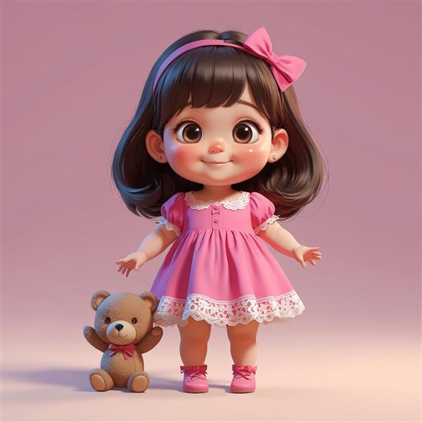 تصویر کارتونی باکیفیت از عروسک دختر با پاپیون صورتی و خرس تدی کوچک در کنار او، مناسب دکور اتاق کودک