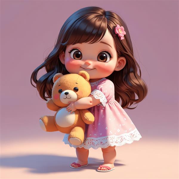 تصویر فانتزی و سه‌بعدی کودک دختر با پیراهن خالدار صورتی و در آغوش گرفتن خرس تدی قهوه‌ای روشن