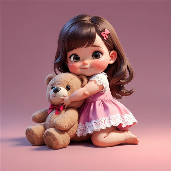 تصویر هنری دختر کودک با لباس صورتی و عروسک خرس تدی قهوه‌ای، طرح گرم و عاشقانه برای دکوراسیون