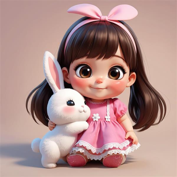 طرح کارتونی فانتزی کودک نشسته با هدبند پاپیونی و خرگوش عروسکی بزرگ، مناسب برای محصولات چاپی