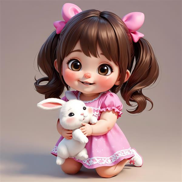 تصویر سه‌بعدی کودک با موهای دم اسبی و پاپیون صورتی در حال نگهداری خرگوش عروسکی، برای چاپ دکور