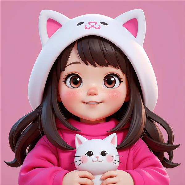 پرتره کلوزآپ از کودک با هودی کلاهدار گربه‌ای سفید و در دست داشتن عروسک کوچک گربه، مناسب پوستر مد