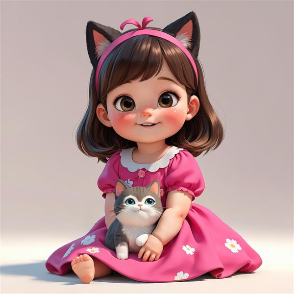 تصویر باکیفیت کودک نشسته با هدبند گوش گربه‌ای و در آغوش گرفتن بچه گربه پشمی، طرح کارتونی کلاسیک