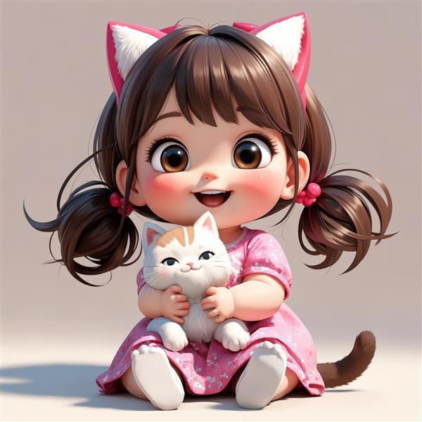 طرح فانتزی سه‌بعدی دختر با موهای دم اسبی و گوش گربه‌ای در حال در آغوش گرفتن بچه گربه عروسکی