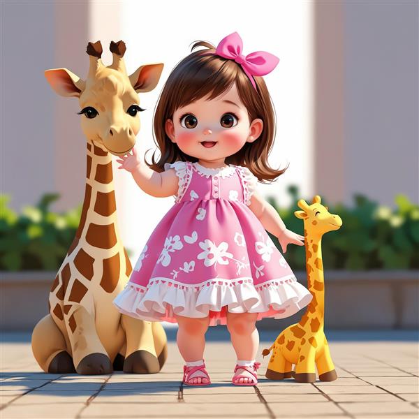 عکس استوک کودک در محیط باز با لباس گلدار و دو زرافه عروسکی در ابعاد متفاوت، مناسب دکوراسیون