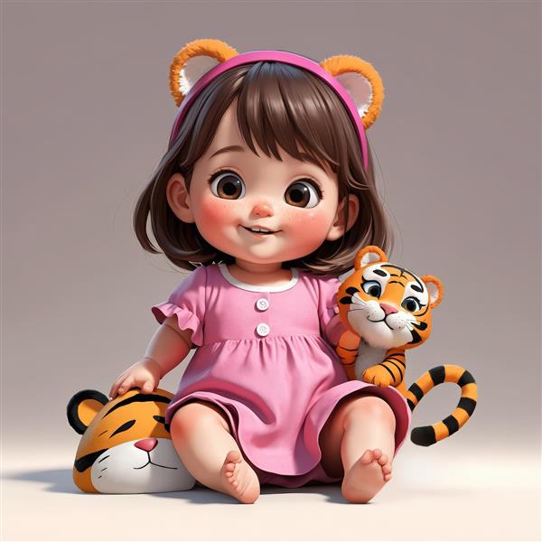 تصویر انیمیشنی دختر بچه با لباس صورتی ساده و دو ببر عروسکی، طرح شاد و روشن برای تابلوهای کودکانه