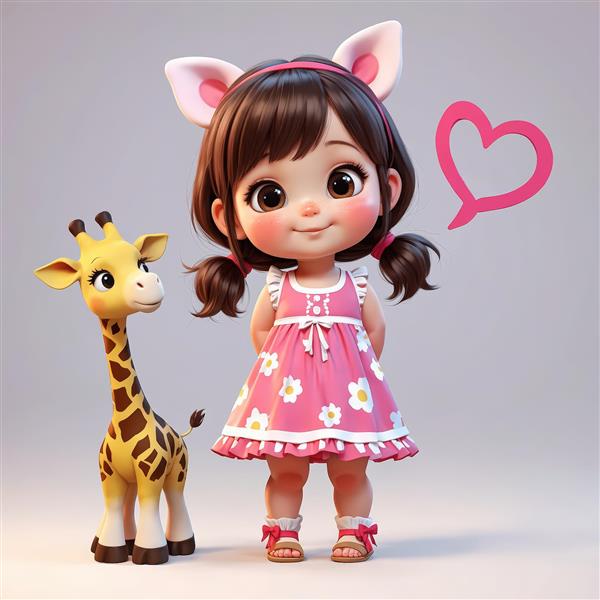 طرح سه‌بعدی کودک با گوش‌های خوک و لباس گلدار صورتی در کنار زرافه عروسکی، همراه با حباب قلب