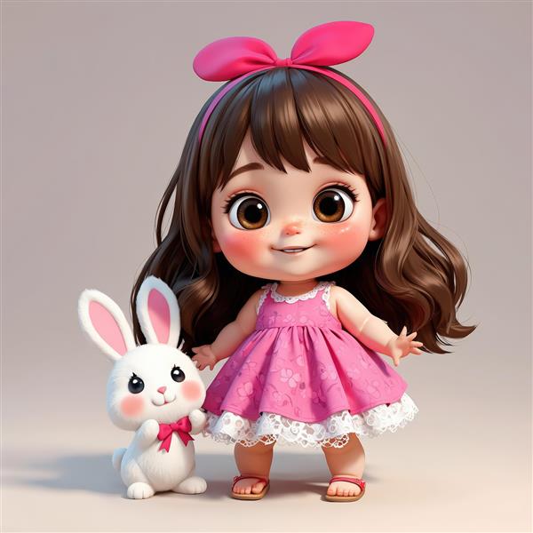 تصویر کارتونی باکیفیت از کودک دختر با هدبند پاپیونی و پیراهن صورتی در کنار خرگوش عروسکی ایستاده