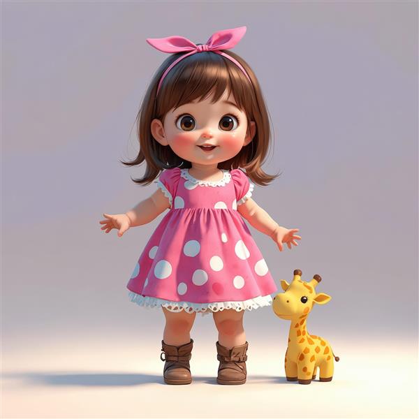تصویر دیجیتال کودک دختر ایستاده با پیراهن خالدار صورتی و عروسک زرافه، طرح مینیمال برای پس‌زمینه