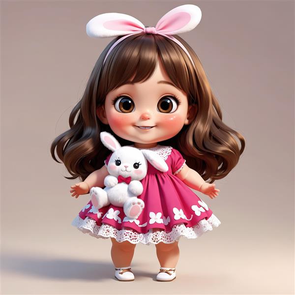 عکس استوک باکیفیت عروسک دختر با هدبند پاپیونی و گوش خرگوشی و عروسک خرگوش، مناسب تولید چاپ