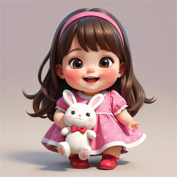 تصویر کارتونی کودک در حال حرکت با هدبند ساده صورتی و عروسک خرگوش در دست، مناسب طراحی وب