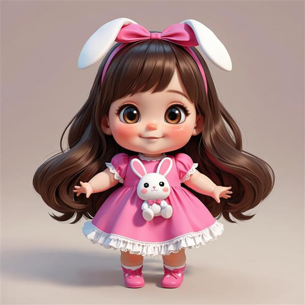 طرح سه‌بعدی کودک دخترانه با لباس چین‌دار صورتی و پین خرگوش روی لباس، برای چاپ تابلوی فانتزی