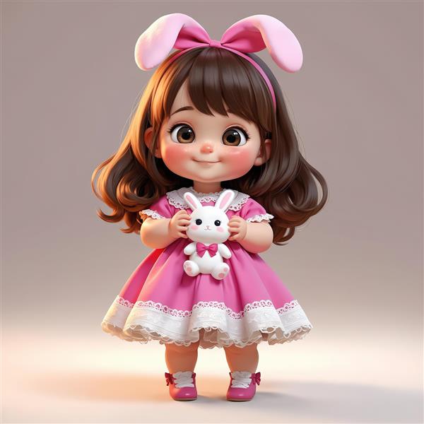 تصویر گرافیکی دختر کودک با هدبند گوش خرگوشی بزرگ و عروسک خرگوش کوچک، مناسب چاپ با کیفیت بالا