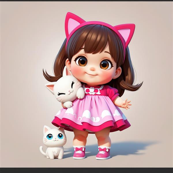 تصویر انیمیشنی دختر با هدبند گربه‌ای و در آغوش گرفتن خرگوش عروسکی، پس‌زمینه ساده برای طراحی و پوستر