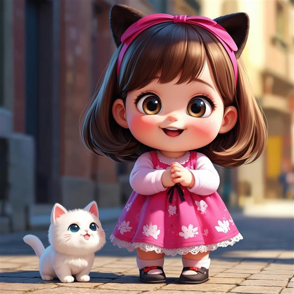 تصویر کارتونی کودک دختر با پیراهن گلدار در فضای شهری به همراه بچه گربه سفید، برای استفاده گرافیکی و وب