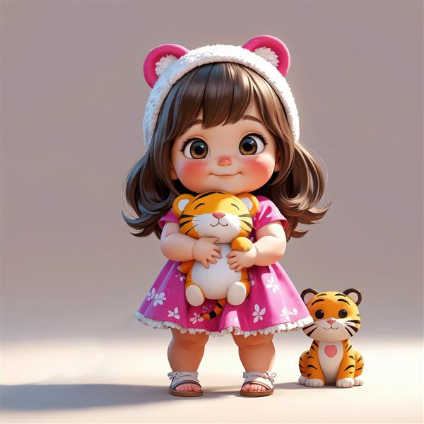 طرح هنری و سه‌بعدی دختر بچه با کلاه ببر و عروسک ببر نارنجی، مناسب چاپ عریض برای دکوراسیون
