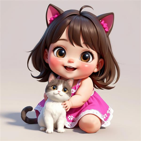 تصویر گرافیکی باکیفیت از عروسک دختر با گوش گربه‌ای و گربه خانگی، طرح شاد برای اتاق کودک و مهدکودک