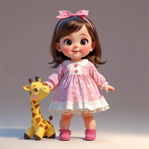 تصویر فانتزی و سه‌بعدی کودک دختر با پیراهن صورتی خالدار و عروسک زرافه، مناسب تولید تابلو دکوراتیو