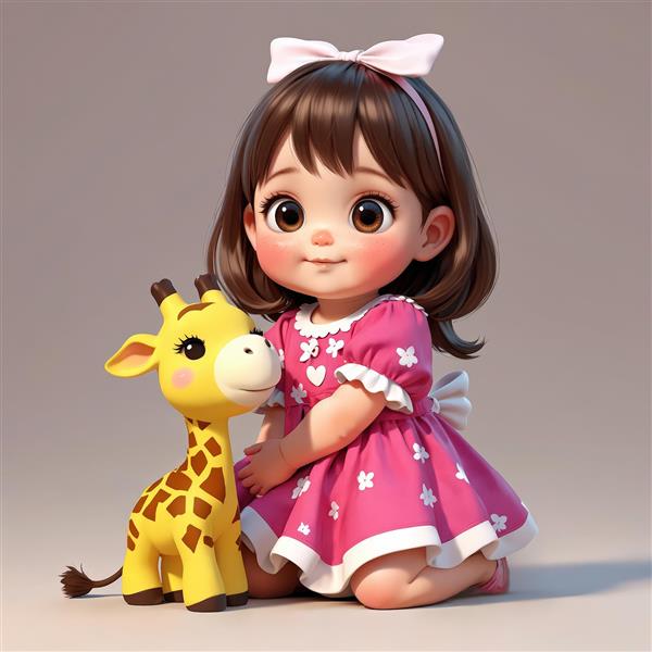 تصویر هنری سه‌بعدی کودک دختر نشسته با پیراهن صورتی گلدار و عروسک زرافه زرد، برای محصولات تزئینی