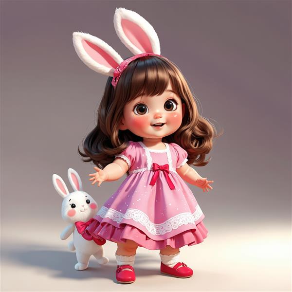 طرح عروسکی و فانتزی دختر با هدبند گوش خرگوشی و لباس صورتی سفید، مناسب برای استیکر و پوستر کودک